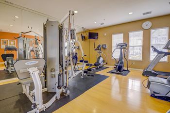 a gym with cardio equipment and weights